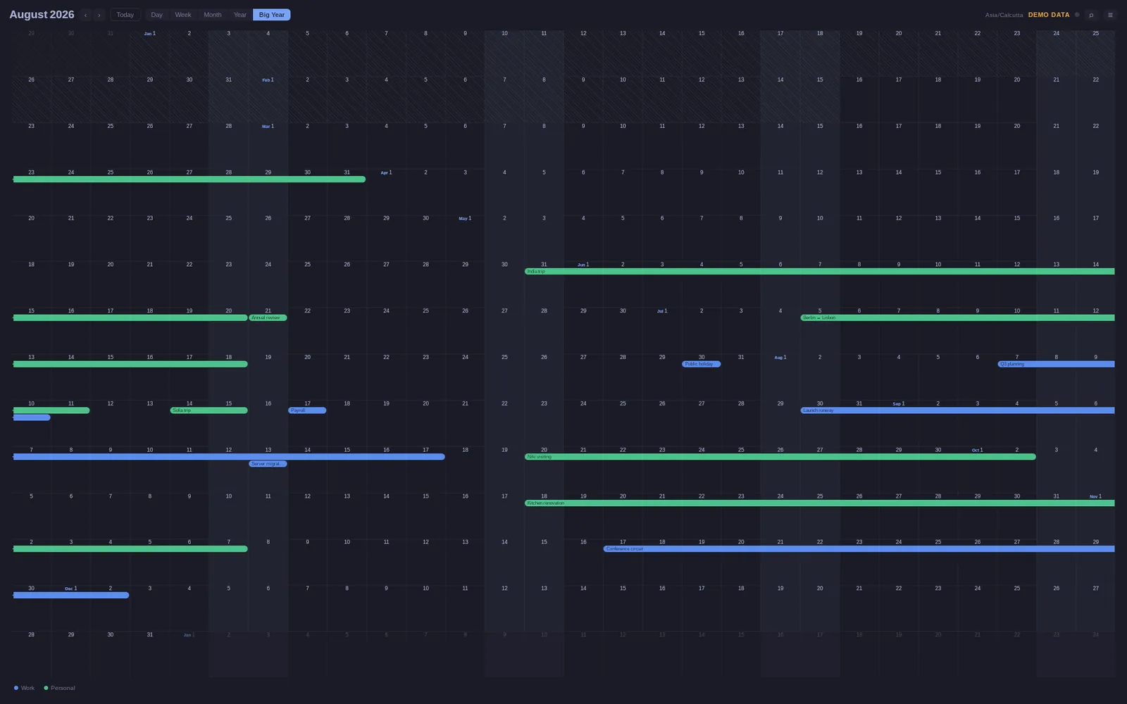 OmaCal's Big Year view: the whole year as a continuous 14-row ribbon with multi-week events drawn as long bars