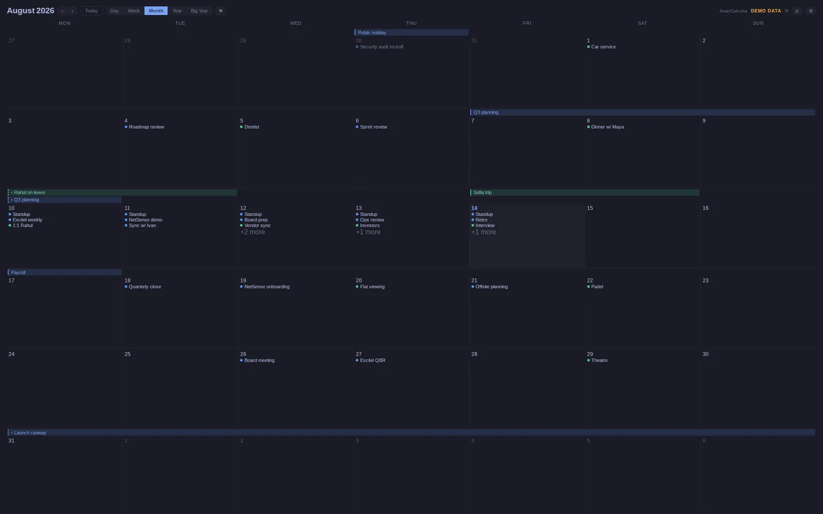 OmaCal's Month view: a dark month grid with per-day event lists and multi-day spans drawn as bars across the weeks