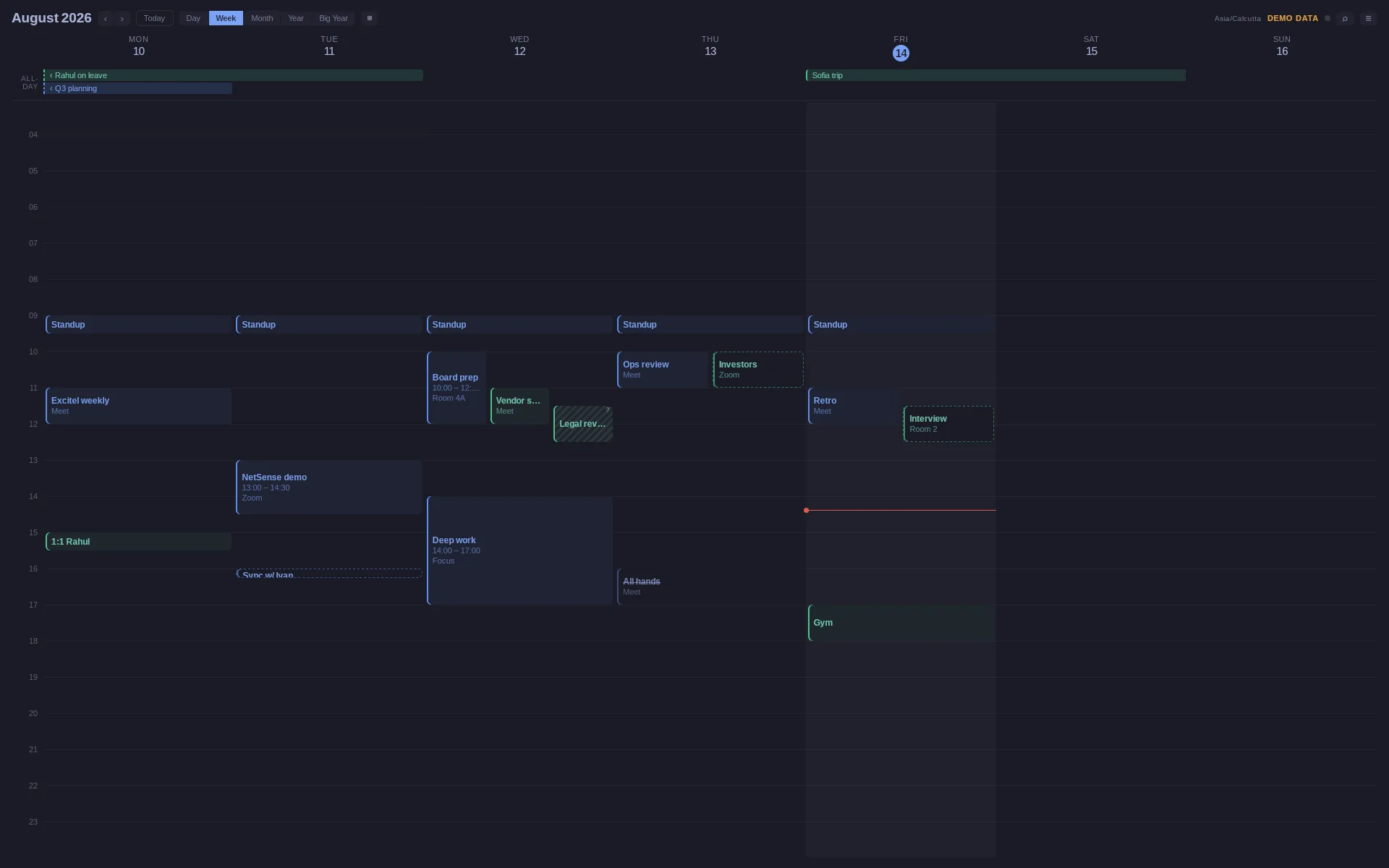 OmaCal's Week view: a dark, minimalist grid of one work week with colour-coded events from several calendars